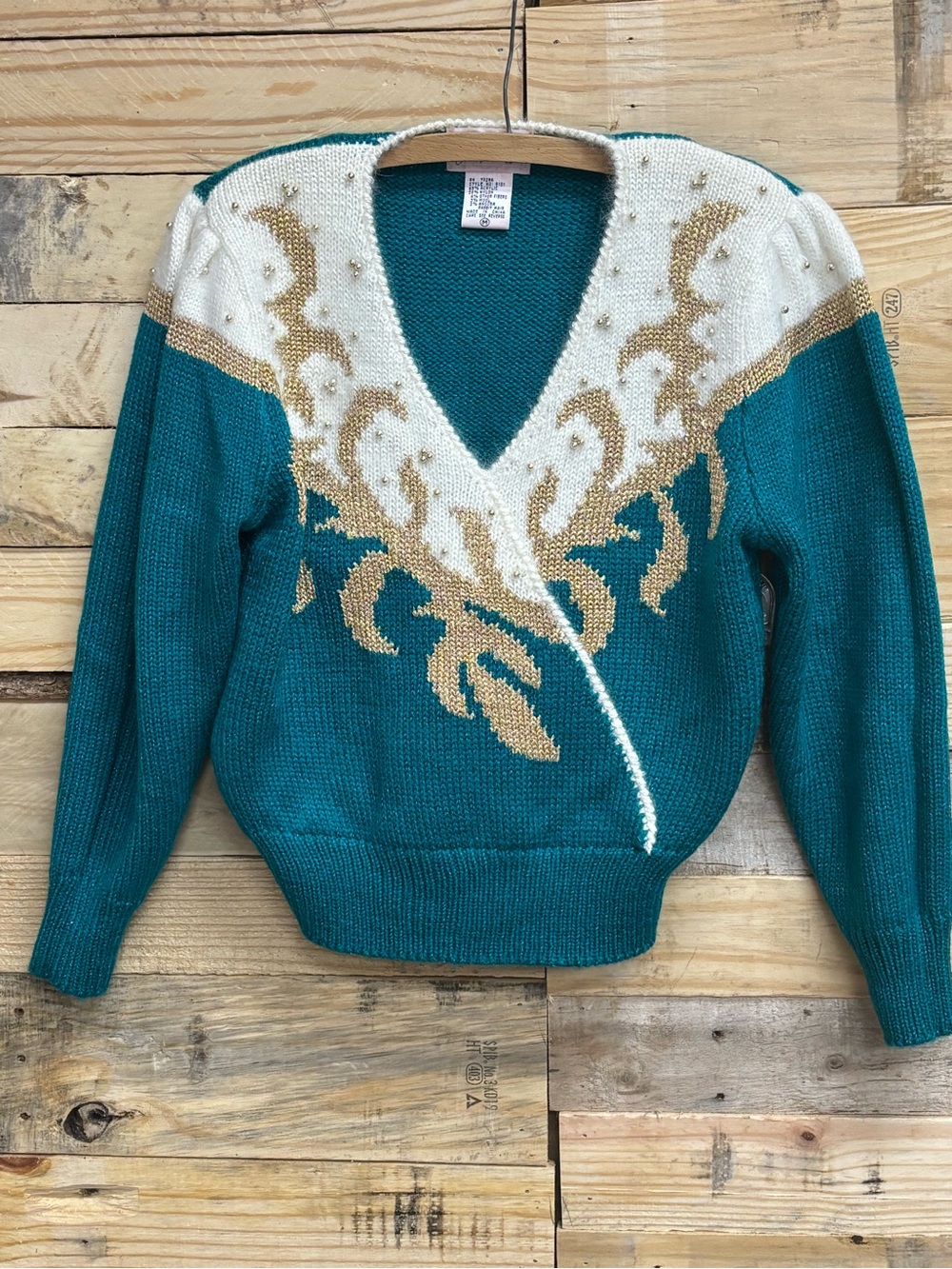 Jaclyn Smith Teal, Cream & Gold V-Neck Knit Sweater